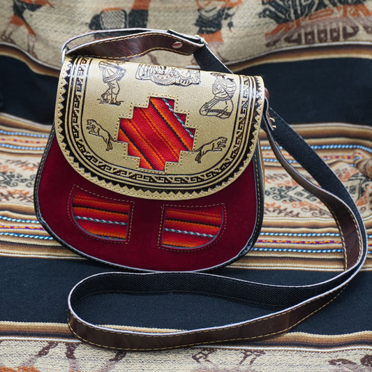 Small Embossed Leather Handbag with Red Andean Textile