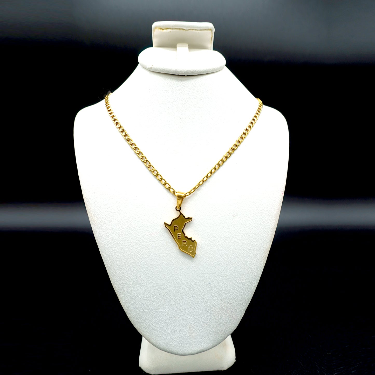 Peru map outline pendant necklace with  the letters PERU