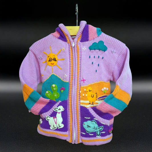 Peruvian Hand-Knit Wool Cardigan | Andean Embroidered Sweater - Size 6